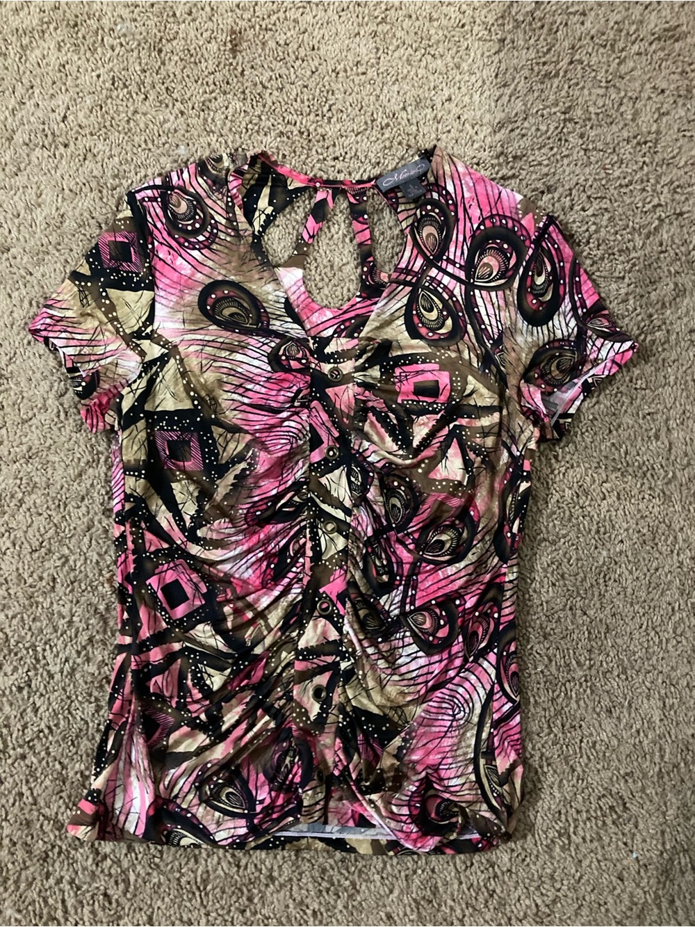 Claudia Richard Pink Multi Ruched Keyhole Short Sleeve Top